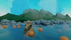 Capybara with orange on head enjoying onsen