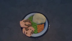 Gammon, gravy, peas, carrots and mashed potatoes