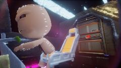 Sackboy but flying on a Realistic Spaceship
