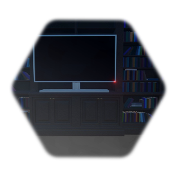 Bookshelf with working TV, muted