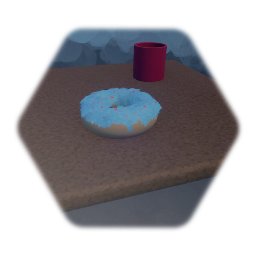 Doughnut on shelf with cup
