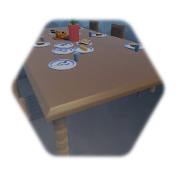 Wood Table with Chairs and Food