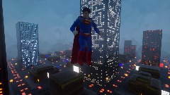 Superman flys around the city