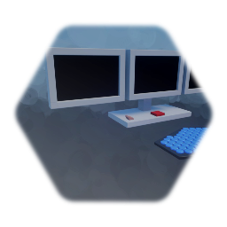 tri-screen monitor, TEK keyboard and, argent hollow mouse