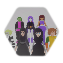 Beetlejuice,Lydia,Mavis,Johnny,Starfire,Raven,and Beast Boy