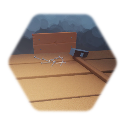 Деревянный стол, молот и гвозди