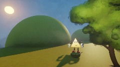 Dancing triangle dancing behind a bowl of stew and a tree