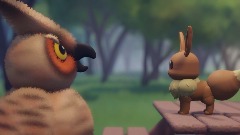 An owl and a Eevee have a argument