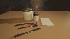 salt shaker, sugar container, fork, spoon,kniffe, napkins