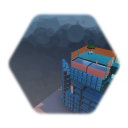 Blue skyscraper with swimming pool and glass lift elevator