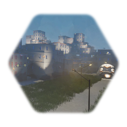 A remixable  well lit hillside hotel or village