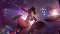 Flamingo dances on a burger near a few galaxys.