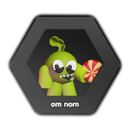<clue>  stylized | om nom (with the candy) | cut the rope