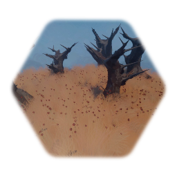 Dead trees in field of poppies