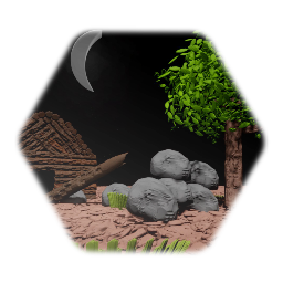 Realistic Tree Rock Set With Cabin and Castle Water and Moon