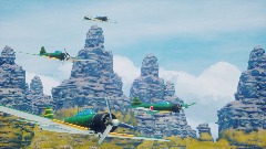 Dogfight over some islands and frosty mountains